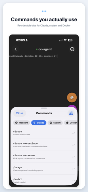 Frequently used commands pinned as reorderable tabs above the keyboard.