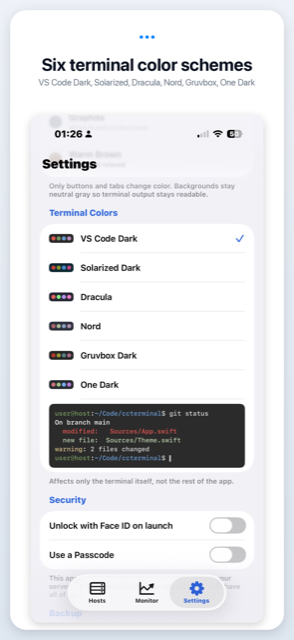 Six terminal colour schemes side by side.