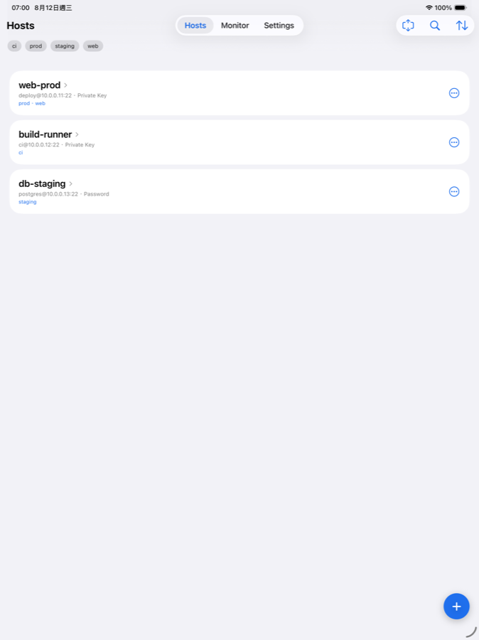 CekTerm on iPad showing the host list next to an open session.